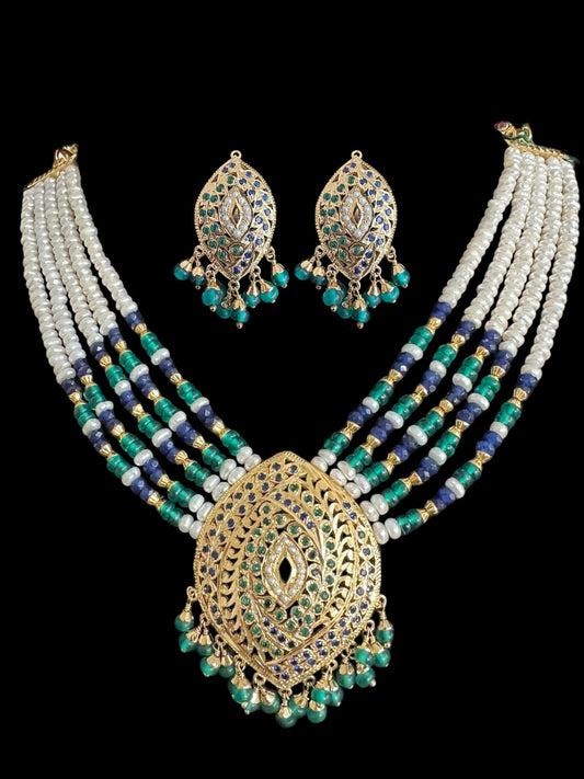 Emerlad sapphire pearl jadau silver necklace set with gold plating ( READY TO SHIP )