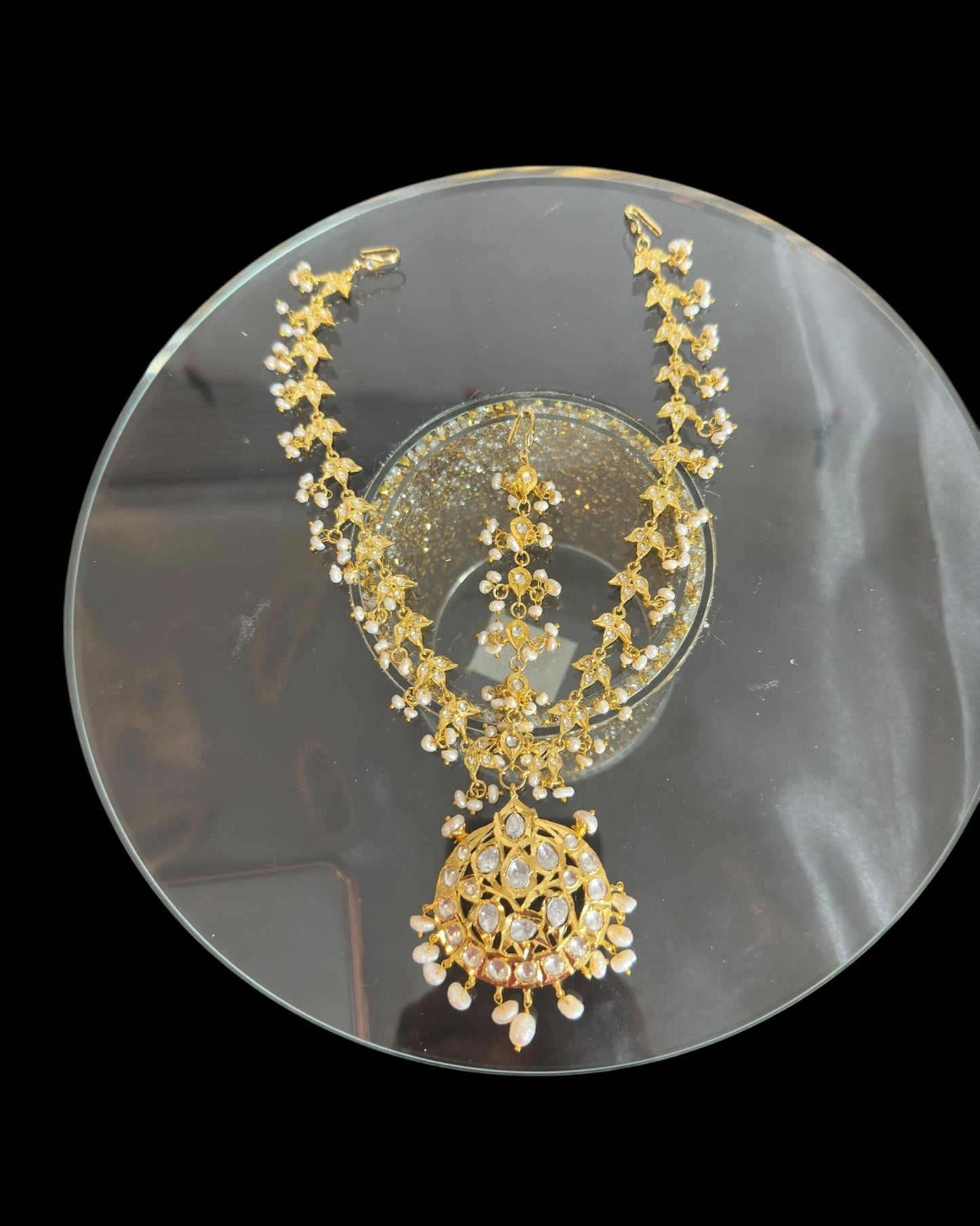 DJTK357 Neelofar moissanite Polki mathapatti with fresh water pearls ( READY TO SHIP)