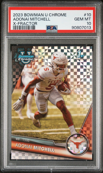 Graded 2023 Topps Bowman U Chrome Adonai Mitchell #10 Xfractor Rookie RC Football Card PSA 10 Gem Mint