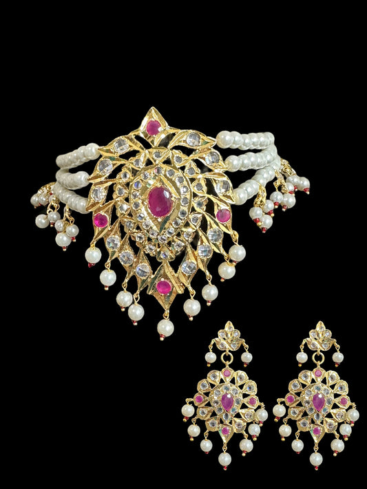 C281 Alvira ruby choker with shell pearls ( SHIPS IN 2 WEEKS )