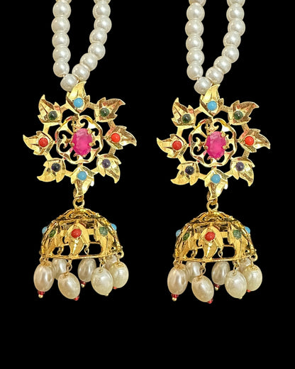 DER758  navratan gold plated Karanphool jhumka ( pearls ) ( READY TO SHIP )