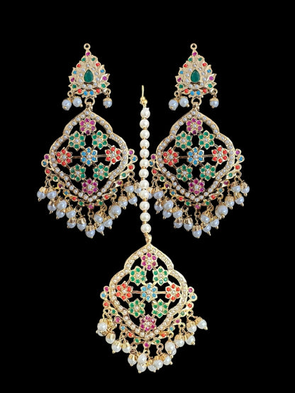 Mehru Jadau chandbali earrings tika in navratan ( SHIPS IN 3 WEEKS )