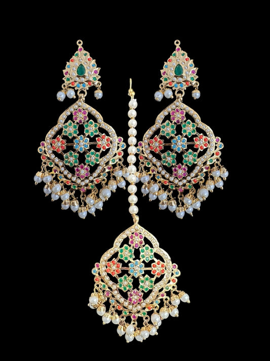 Mehru Jadau chandbali earrings tika in navratan ( SHIPS IN 3 WEEKS )