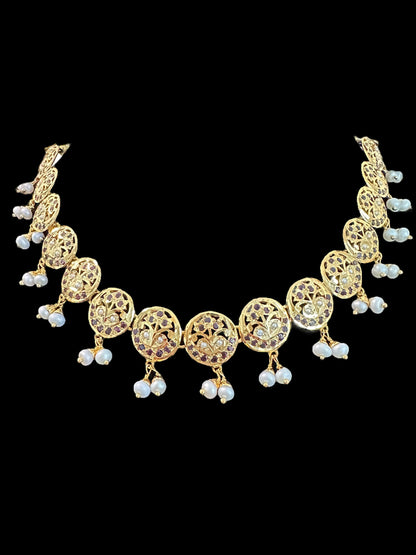 Garnet  necklace set with fresh water pearls - gold plated silver ( READY TO SHIP )