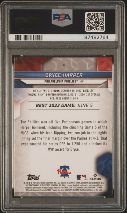 Graded 2023 Topps Bowmans Best Bryce Harper #4 Baseball Card PSA 10 Gem Mint