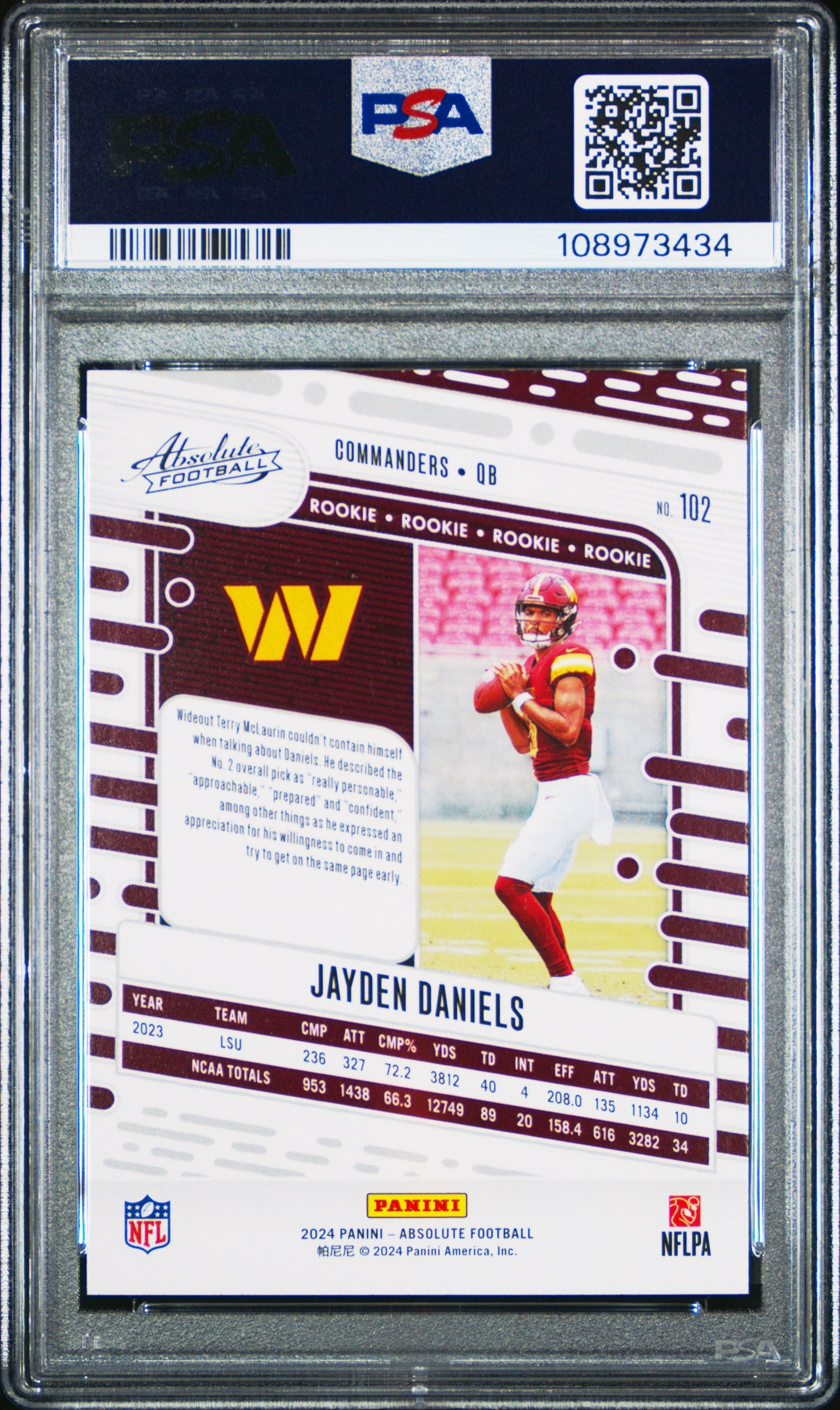 Graded 2024 Panini Absolute Jayden Daniels #102 Rookie RC Football Card PSA 9 Mint