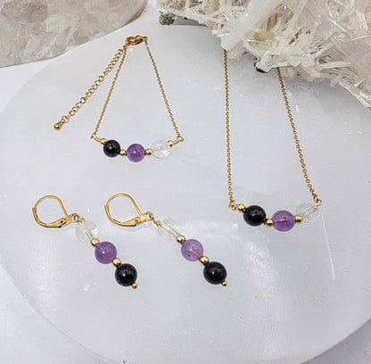 SACRED SPACE - Clear Quartz, Amethyst, Black Onyx Jewelry Set