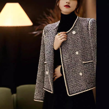 Black White Tweed Double-Breasted Cropped Blazer - Short Coat