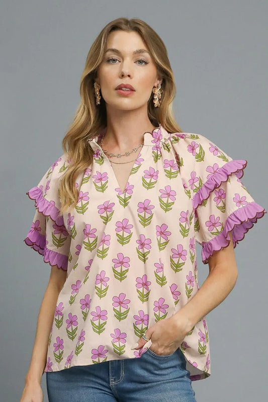 Umgee Floral Print Ruffle Short Sleeve Blouse