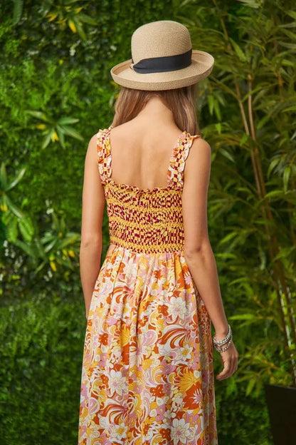 Davi & Dani Multi Smocked Bodice Geo Ruffle Strappy Midi Dress