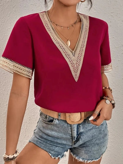 Full Size V-Neck Short Sleeve Blouse Plus Size