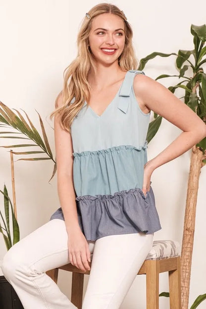Lime 'N' Chili Full Size Color Block V-Neck Baby Doll Sleeveless Top Plus Size
