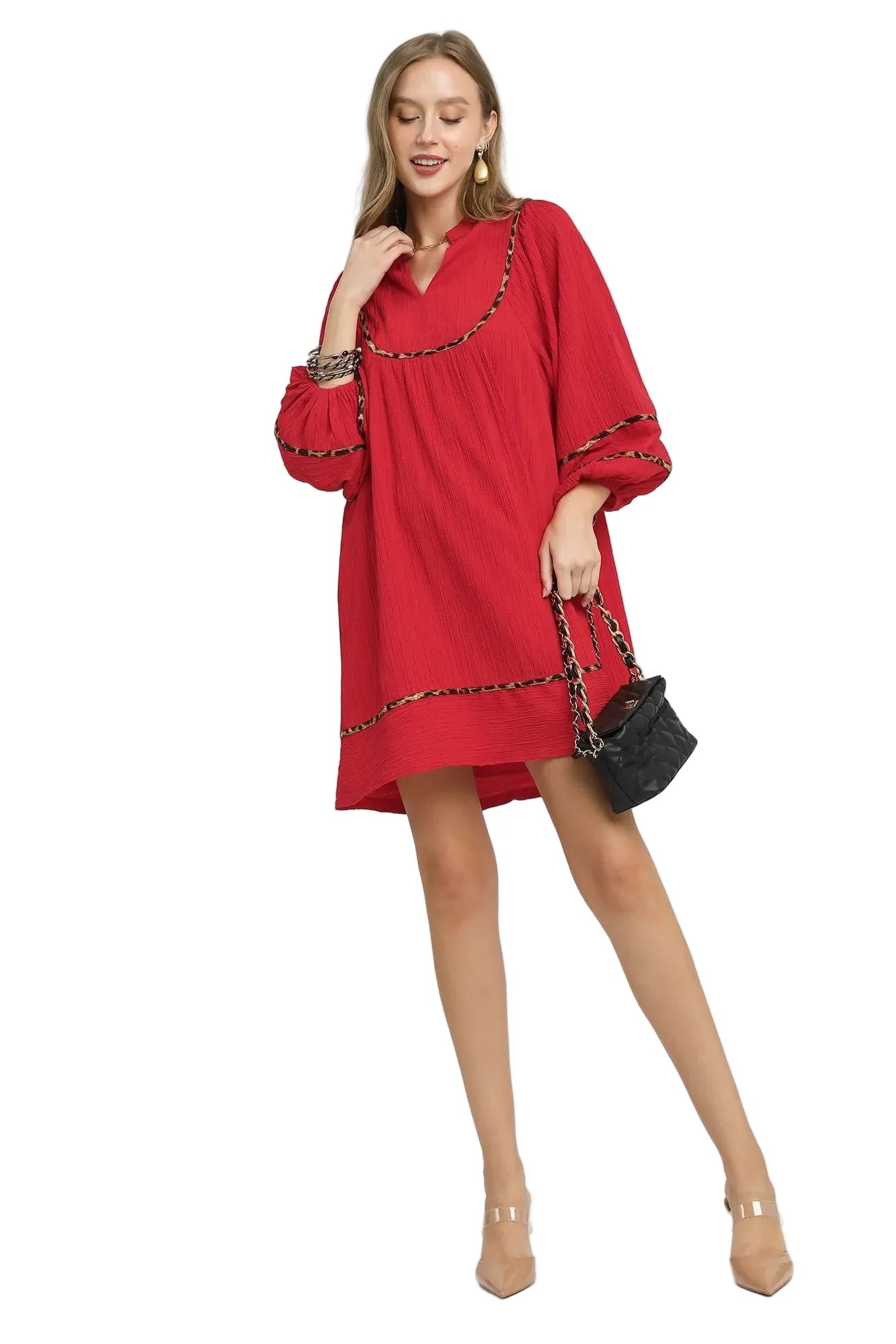 Textured Babydoll Dress with Leopard Trim