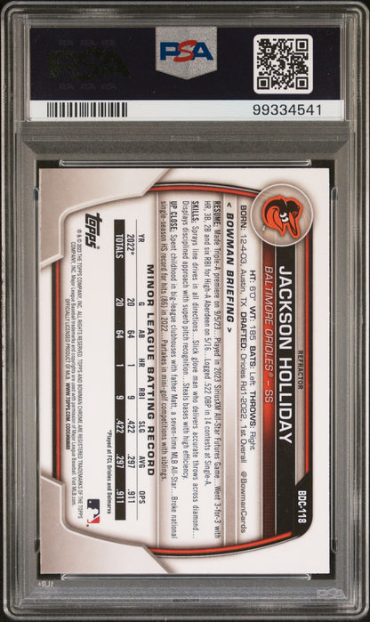 Graded 2023 Topps Bowman Draft Jackson Holliday #BDC118 Chrome Refractor Rookie RC Baseball Card PSA 10 Gem Mint