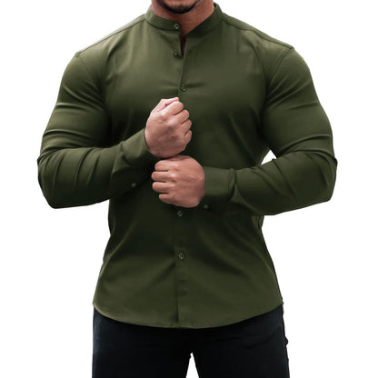Mandarin Collar Shirt Men - Slim Fit Polyester Long Sleeve