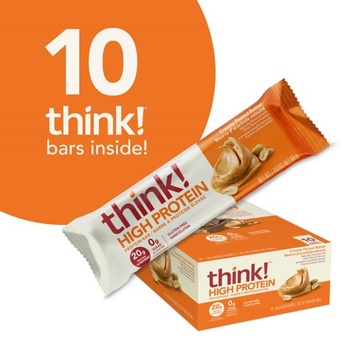 Think! Protein Bars, High Protein Snacks, Gluten Free, Sugar Free Energy Bar With Whey Protein Isolate, Creamy Peanut Butter, Nutrition Bars Without Artificial Sweeteners, 2.1 Oz (10 Count) - Pac
