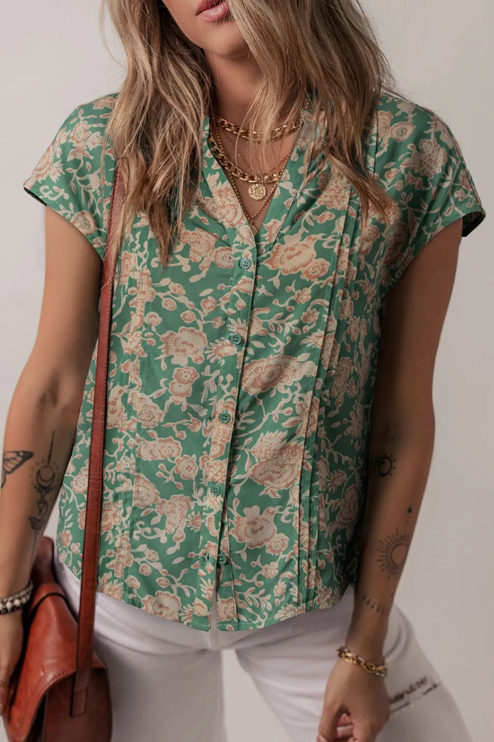 Printed Pleated Buttoned Notched Short Sleeve Blouse