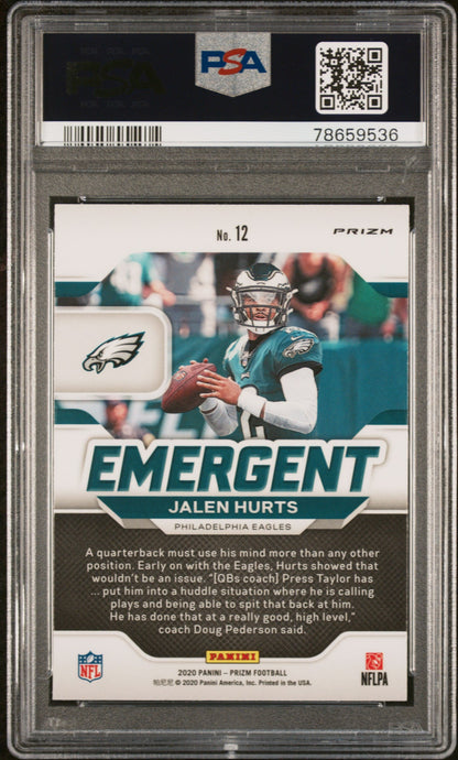 Graded 2020 Panini Prizm Jalen Hurts #12 Emergent Green Prizm Rookie RC Football Card PSA 10 Gem Mint