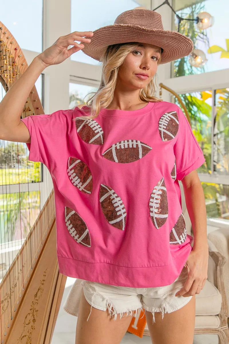 BiBi Game Day Sequins Patched Half Sleeves Top