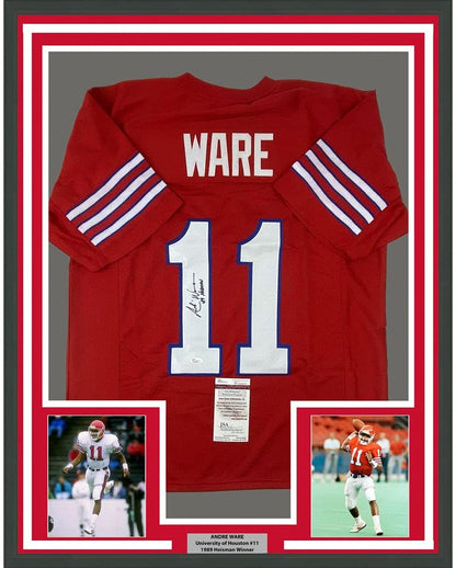 Framed Autographed/Signed Andre Ware 35x39 89 Heisman Houston Red College Football Jersey JSA COA