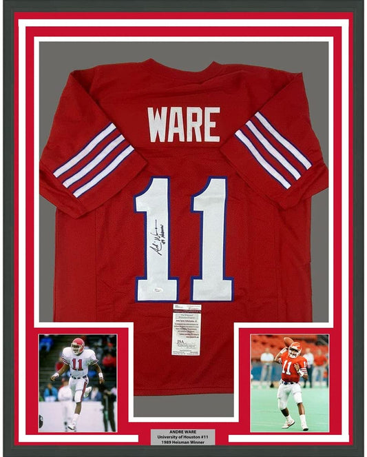Framed Autographed/Signed Andre Ware 35x39 89 Heisman Houston Red College Football Jersey JSA COA