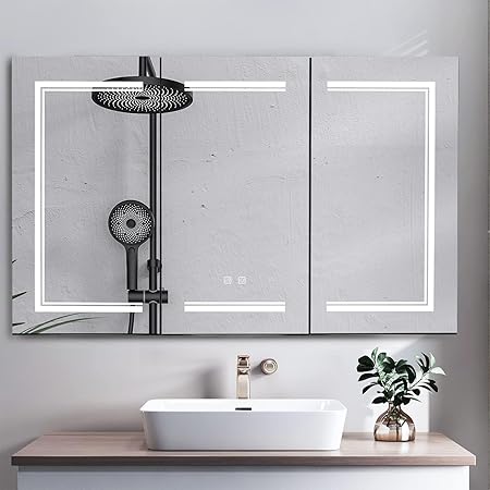Karl home 3-Doors 48"x28" LED Medicine Cabinet for Bathroom, 3-Color Wall Mounted Dimmable Bathroom Cabinet with 3-Tiers Storage Shelves, Anti-Fog, USB Charge, White