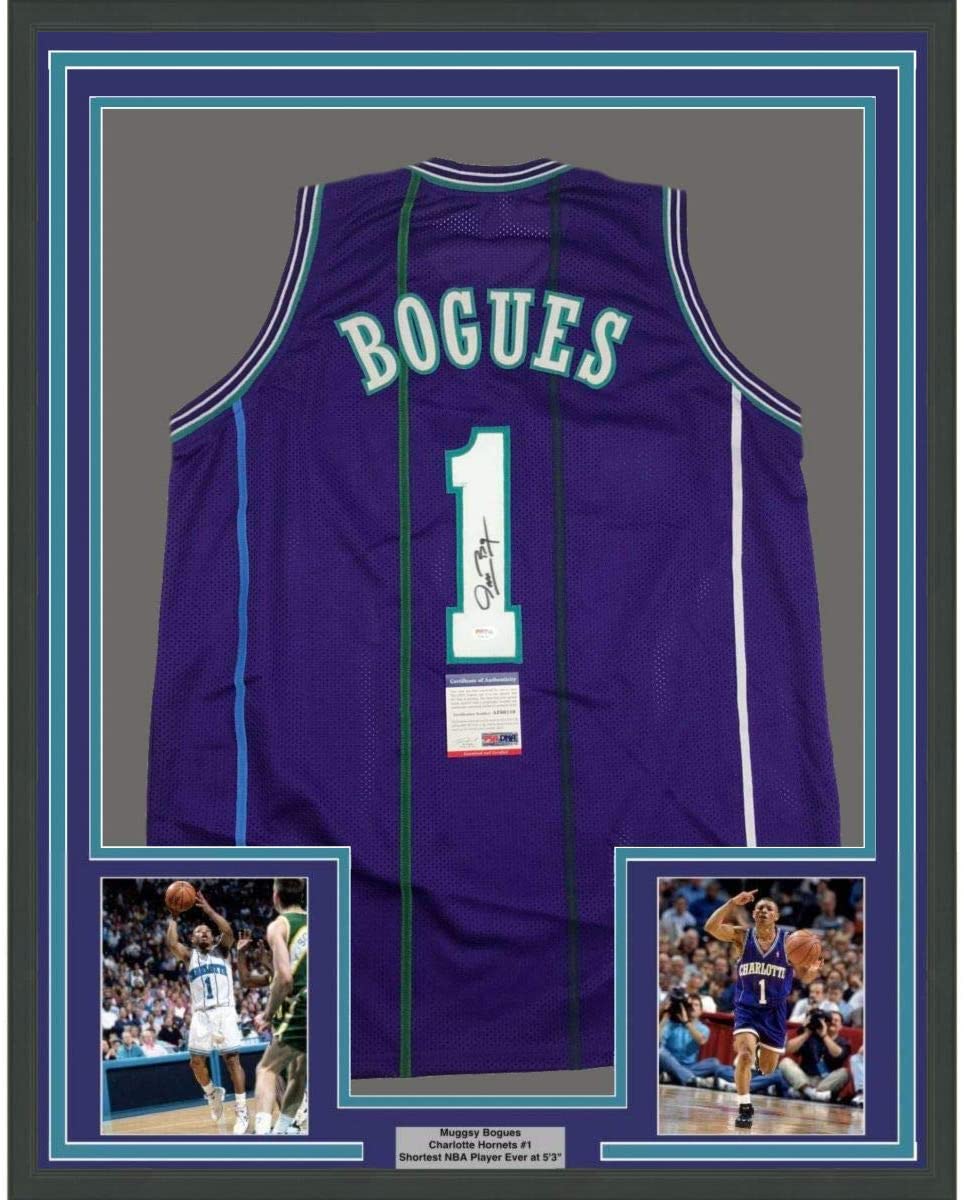 Framed Autographed/Signed Muggsy Bogues 35x39 Charlotte Purple Basketball Jersey PSA/DNA COA
