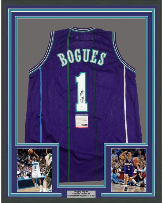 Framed Autographed/Signed Muggsy Bogues 35x39 Charlotte Purple Basketball Jersey PSA/DNA COA