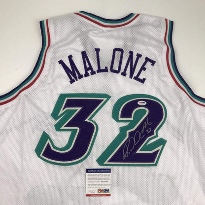 Autographed/Signed Karl Malone Utah White Basketball Jersey PSA/DNA COA