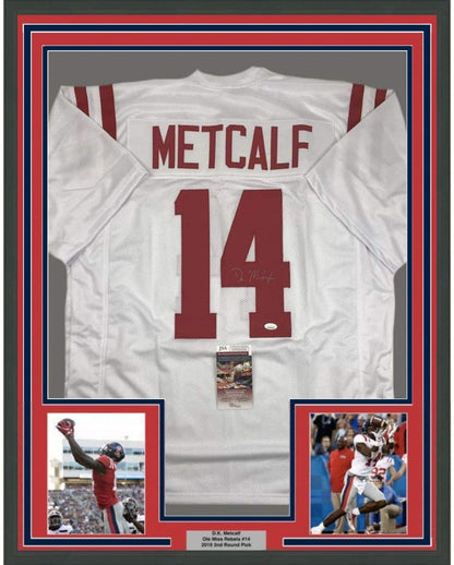 Framed Autographed/Signed DK D.K. Metcalf 35x39 Ole Miss White College Football Jersey JSA COA