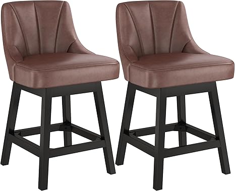 2025 Upgraded Swivel Bar Stools with Backs, 26" Counter Height Bar Stools Set of 2, Modern Leather Upholstered Counter Barstools with Solid Wood Legs for Kitchen Island, Dining Room, Brown