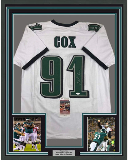 Framed Autographed/Signed Fletcher Cox 35x39 Philadelphia White Football Jersey JSA COA
