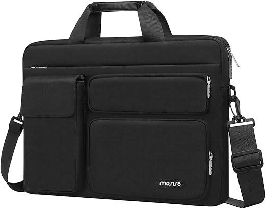 MOSISO Laptop Shoulder Bag Compatible with MacBook Air 15 M3 M2 2024 2023/Pro 16 inch M4 M3 M2 M1, 15-15.6 inch Notebook with 2 Raised&1 Flapover&1 Horizontal Pocket&Handle&Belt, Black