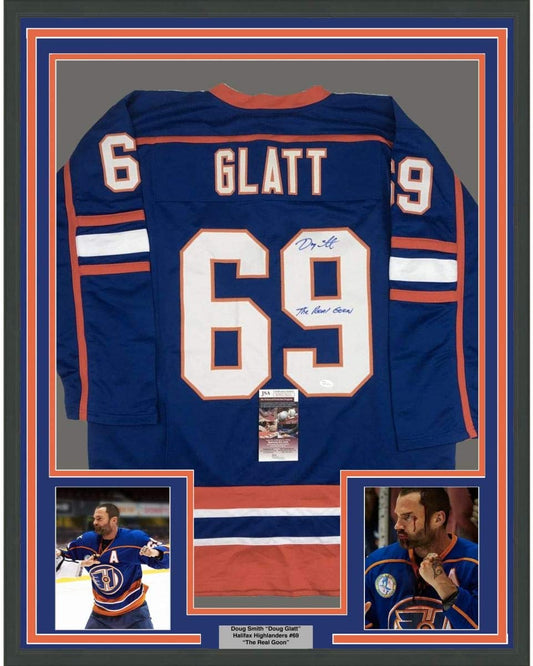 Framed Autographed/Signed Doug Glatt 35x39 The Real Goon Doug Smith Halifax Highlanders Blue Hockey Jersey JSA COA