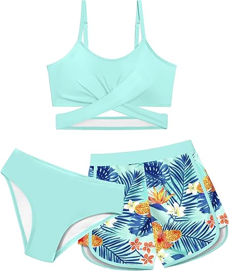 Girls Swimsuit 3 Piece Bathing Suit Criss Cross Bikini Set Girls' Swimwear with Shorts 7-16T