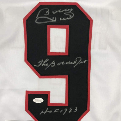 Framed Autographed/Signed Bobby Hull The Golden Jet HOF 1983 35x39 Chicago White Hockey Jersey JSA COA