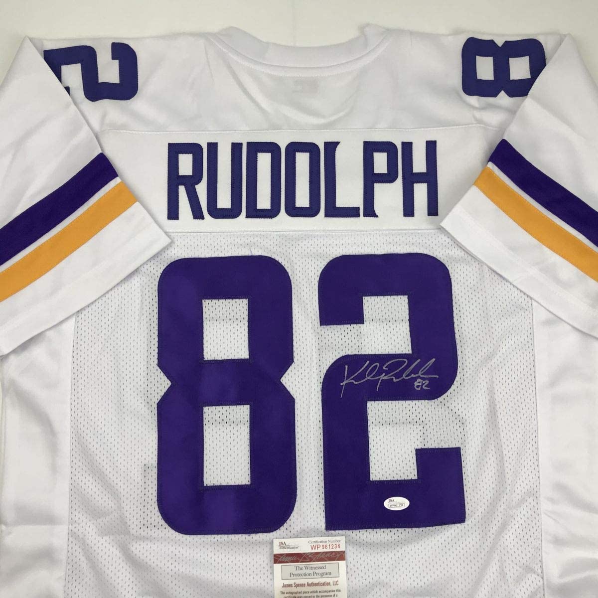 Autographed/Signed Kyle Rudolph Minnesota White Football Jersey JSA COA