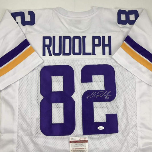Autographed/Signed Kyle Rudolph Minnesota White Football Jersey JSA COA