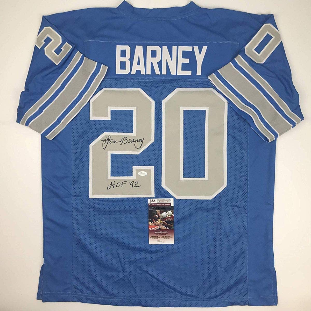 Autographed/Signed Lem Barney HOF 92 Detroit Blue Football Jersey JSA COA