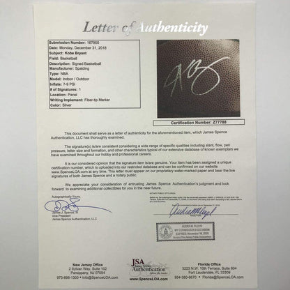 Autographed/Signed Kobe Bryant Los Angeles Lakers Spalding Full Size FS Basketball JSA COA/LOA
