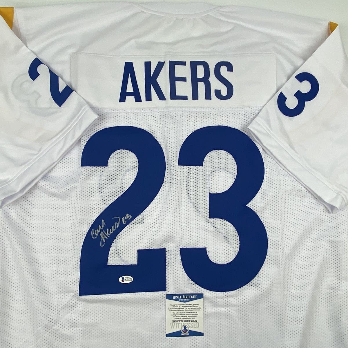 Autographed/Signed Cam Akers Los Angeles LA White Football Jersey JSA COA