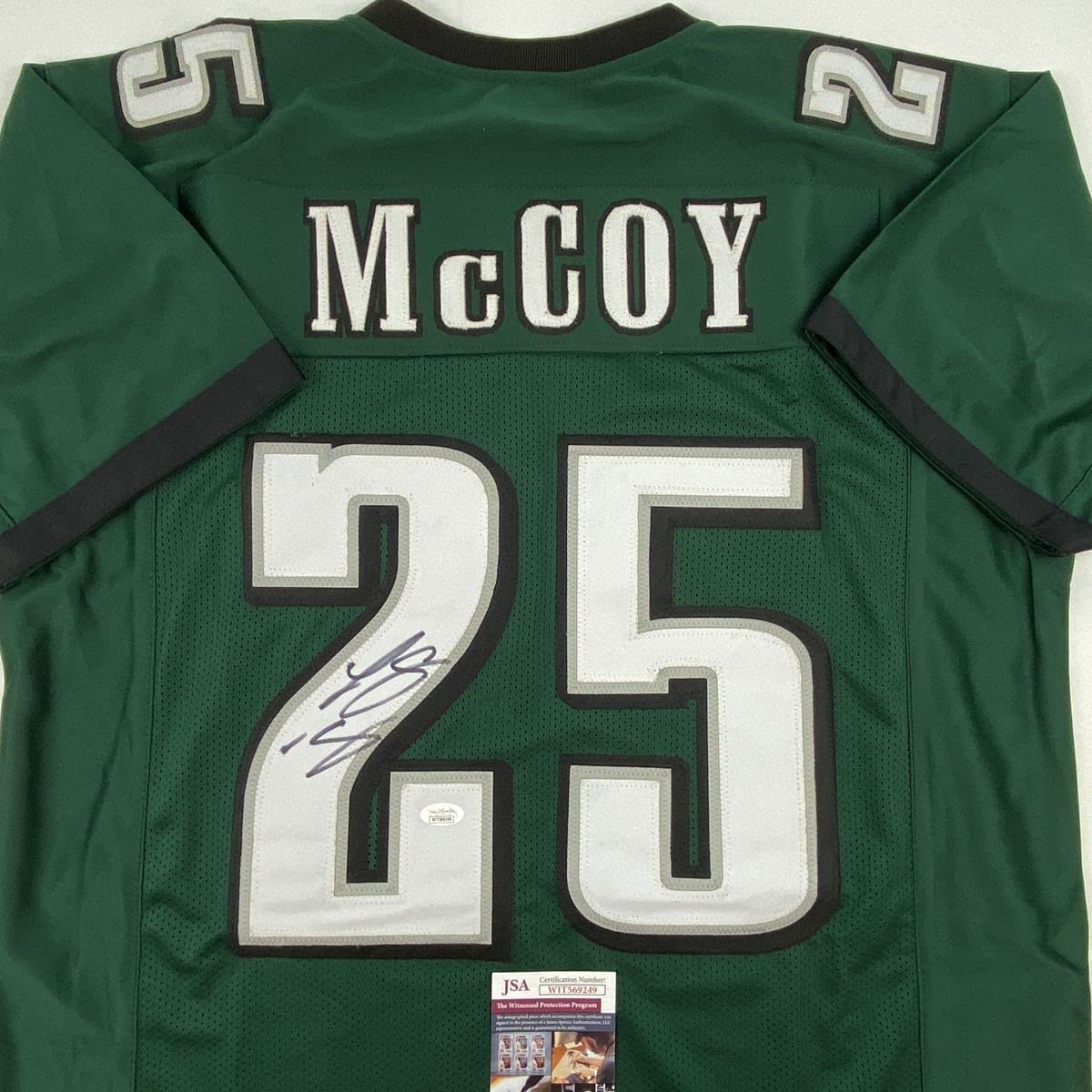 Autographed/Signed LeSean McCoy Philadelphia Green Football Jersey JSA COA