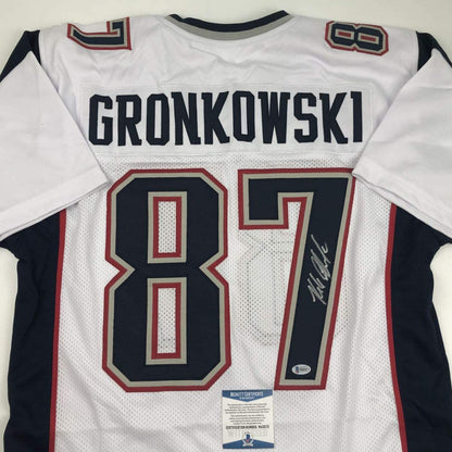 Autographed/Signed Rob Gronkowski New England White Football Jersey Beckett BAS COA