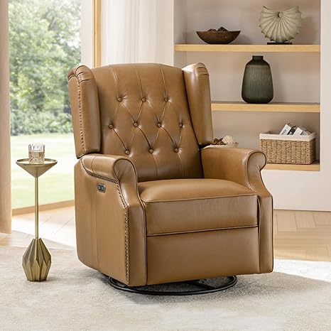 HULALA HOME Genuine Leather Power Recliner with Charging Port, Swivel Glider Recliner with Button Tufted Wingback, Comfy Upholstered Home Theater Sofa Chair for Living Room Bedroom, Camel