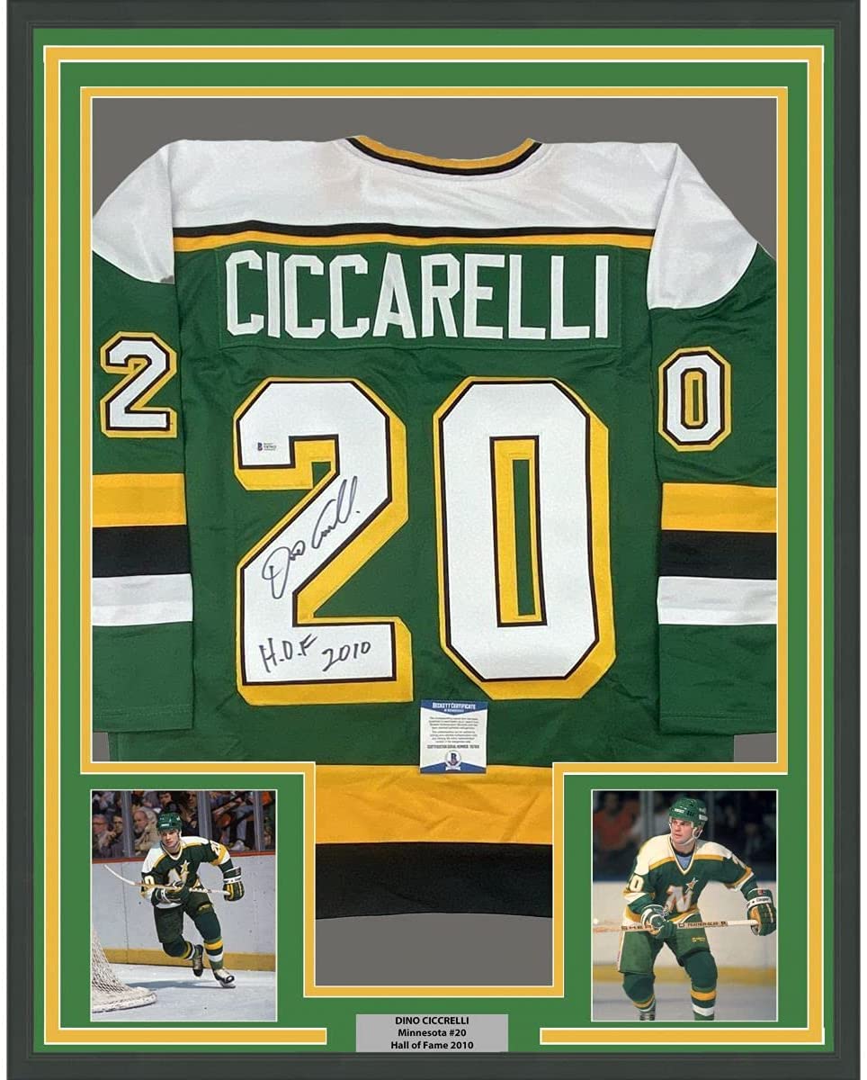 Framed Autographed/Signed Dino Ciccarelli 35x39 HOF 2010 Minnesota Green Hockey Jersey Beckett BAS COA