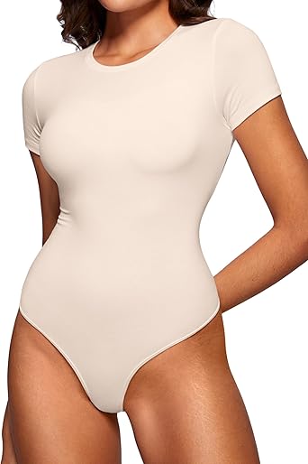 CRZ YOGA Cotton Short Sleeve Bodysuit for Women Casual Basic T Shirts Top Soft Breathable Crew Neck Sexy Thong Body Suit