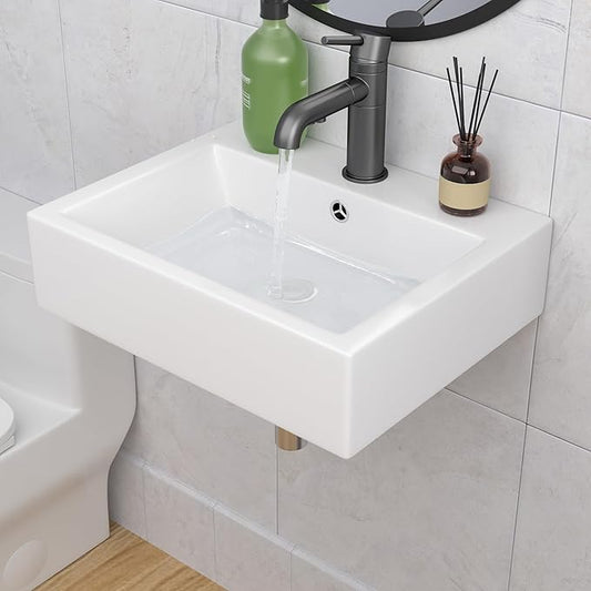 Wall Mount Sink - Lepuday 22x18 Inch Floating Vessel Sink Wall Mount Bathroom Sink Rectangle Wall Hung Sink White Ceramic Basin
