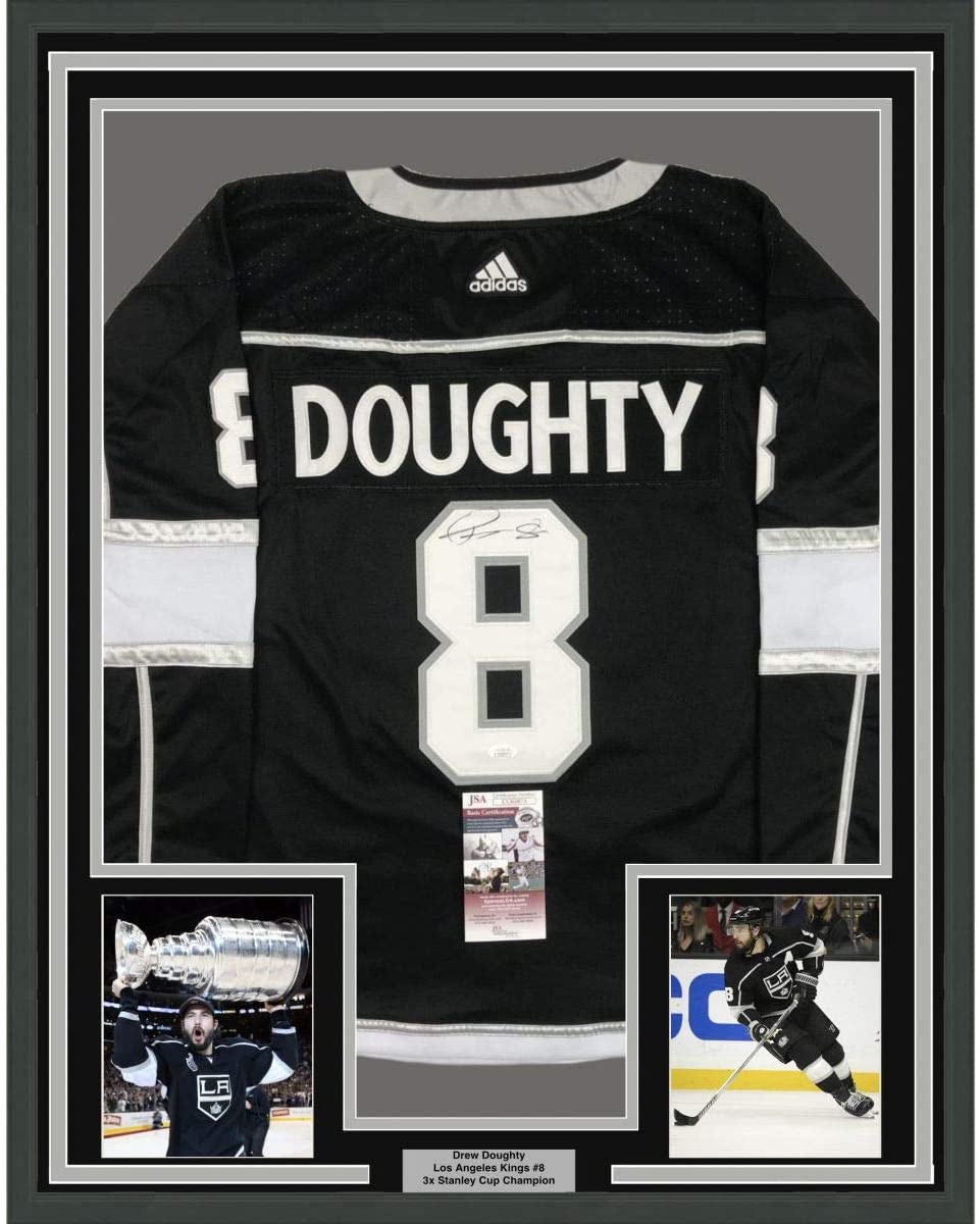 Framed Autographed/Signed Drew Doughty 35x39 Los Angeles LA Black Hockey Jersey JSA COA