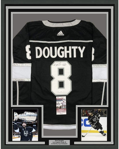 Framed Autographed/Signed Drew Doughty 35x39 Los Angeles LA Black Hockey Jersey JSA COA