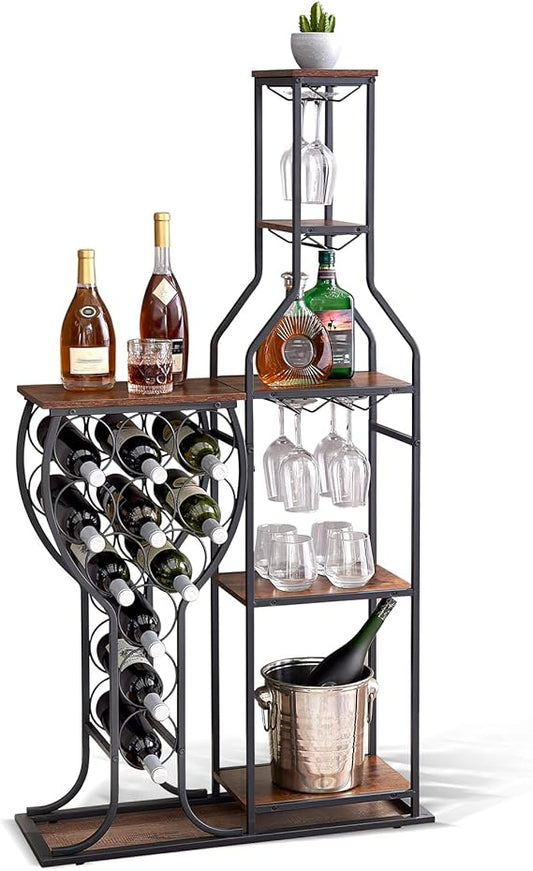 Corner Wine Rack 5Tier Freestanding Liquor Storage Shelf with Hanging Wine Glass Holder and Fences, for Living Room, Home Bar and Dining Room